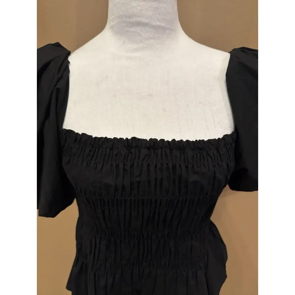 Astr The Label Savina Top Black Smocked Bubble Puff Sleeves Peplum Coquette Sz S
